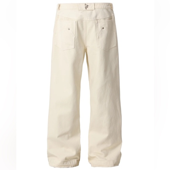 JHYQ Heavy Organic Cotton Deconstructed Studded Raw Hem Wide Leg Jeans Off White - Picture 8 of 13